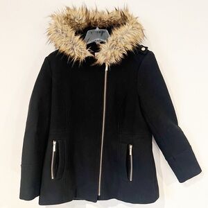 Michael Kors Black Wool Parka Fur Hood Coat Gold Hardware Size 14 Mid Length